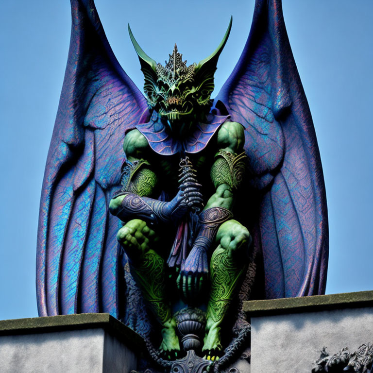 Colorful gargoyle sculpture with blue wings and green skin atop stone structure