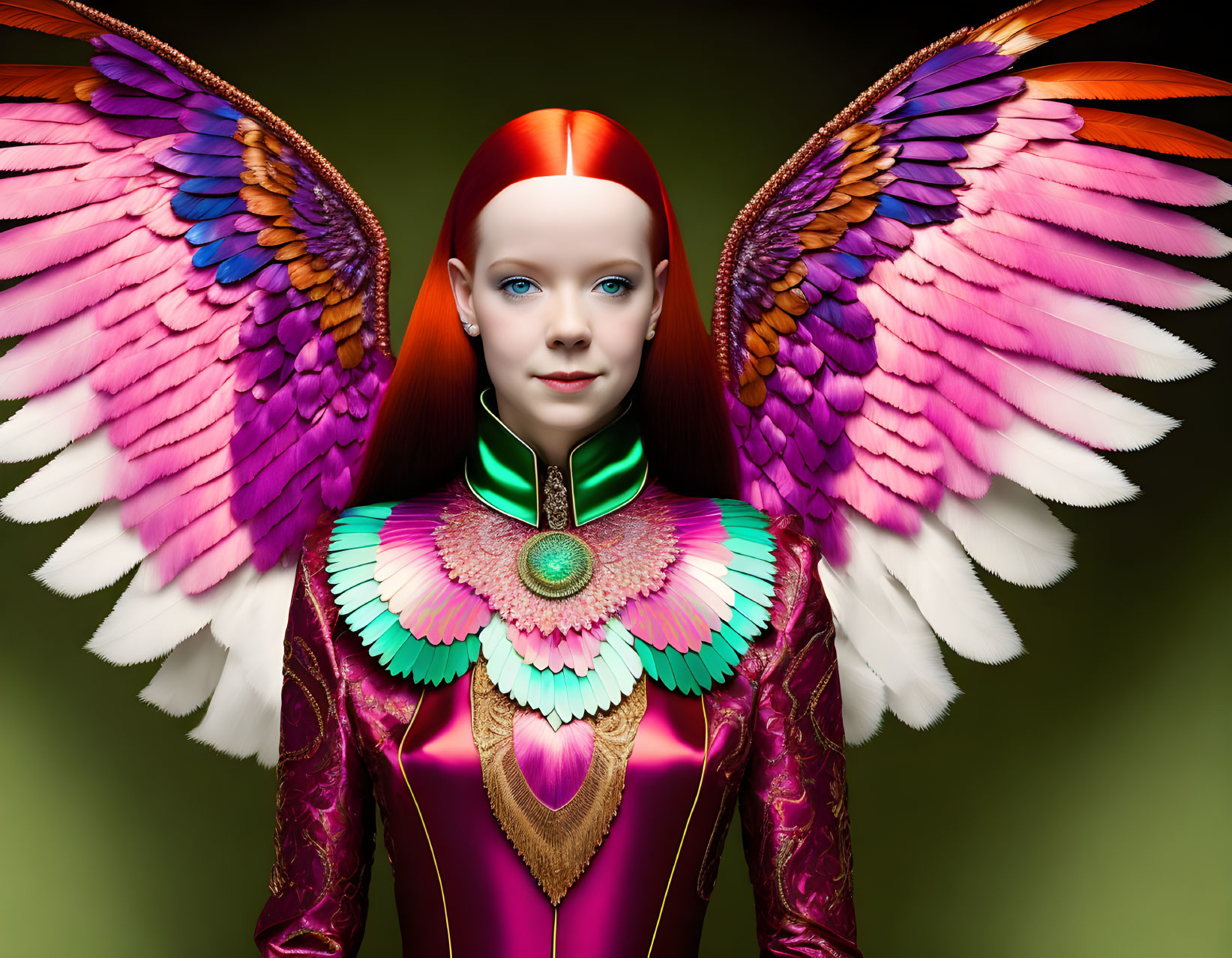 Digital art: Woman with multicolored wings and metallic costume
