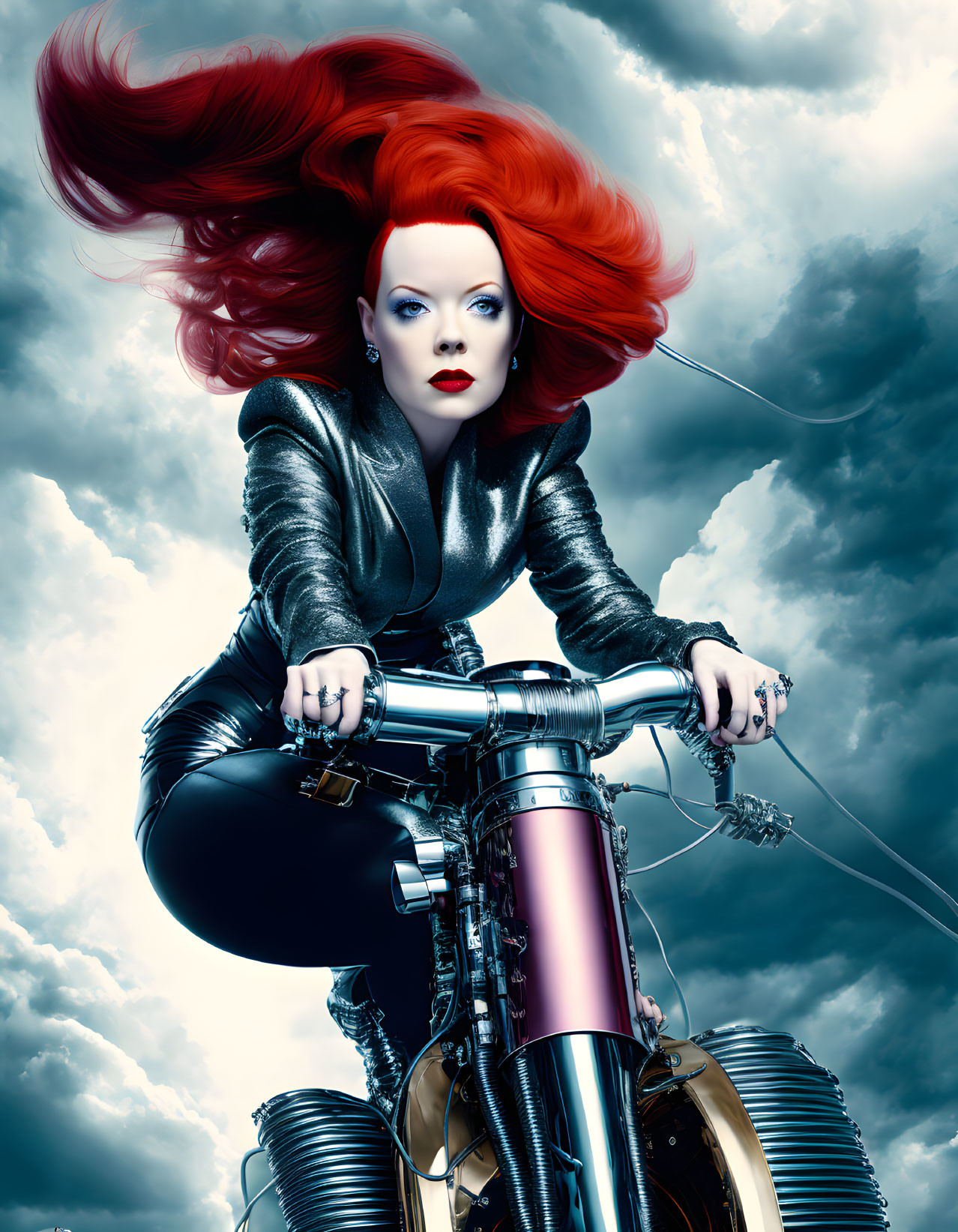 Woman with vibrant red hair riding motorcycle under dramatic sky