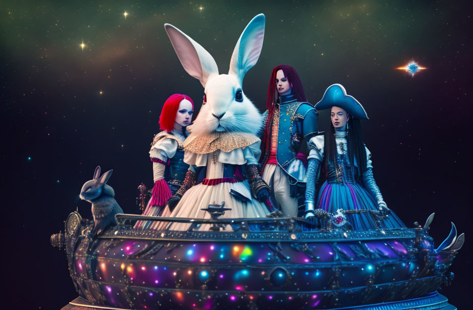 Surreal image: Giant white rabbit, women in period costumes, smaller rabbit on ornate spaceship