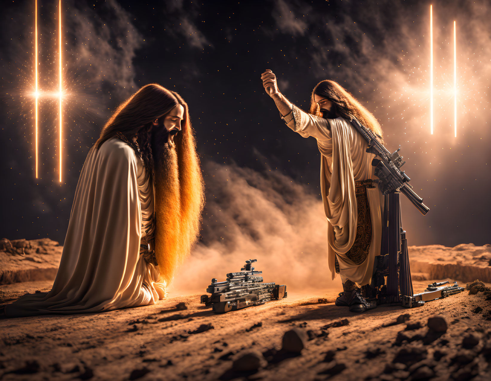 Robed individuals with toy car on sandy terrain under bright light streaks