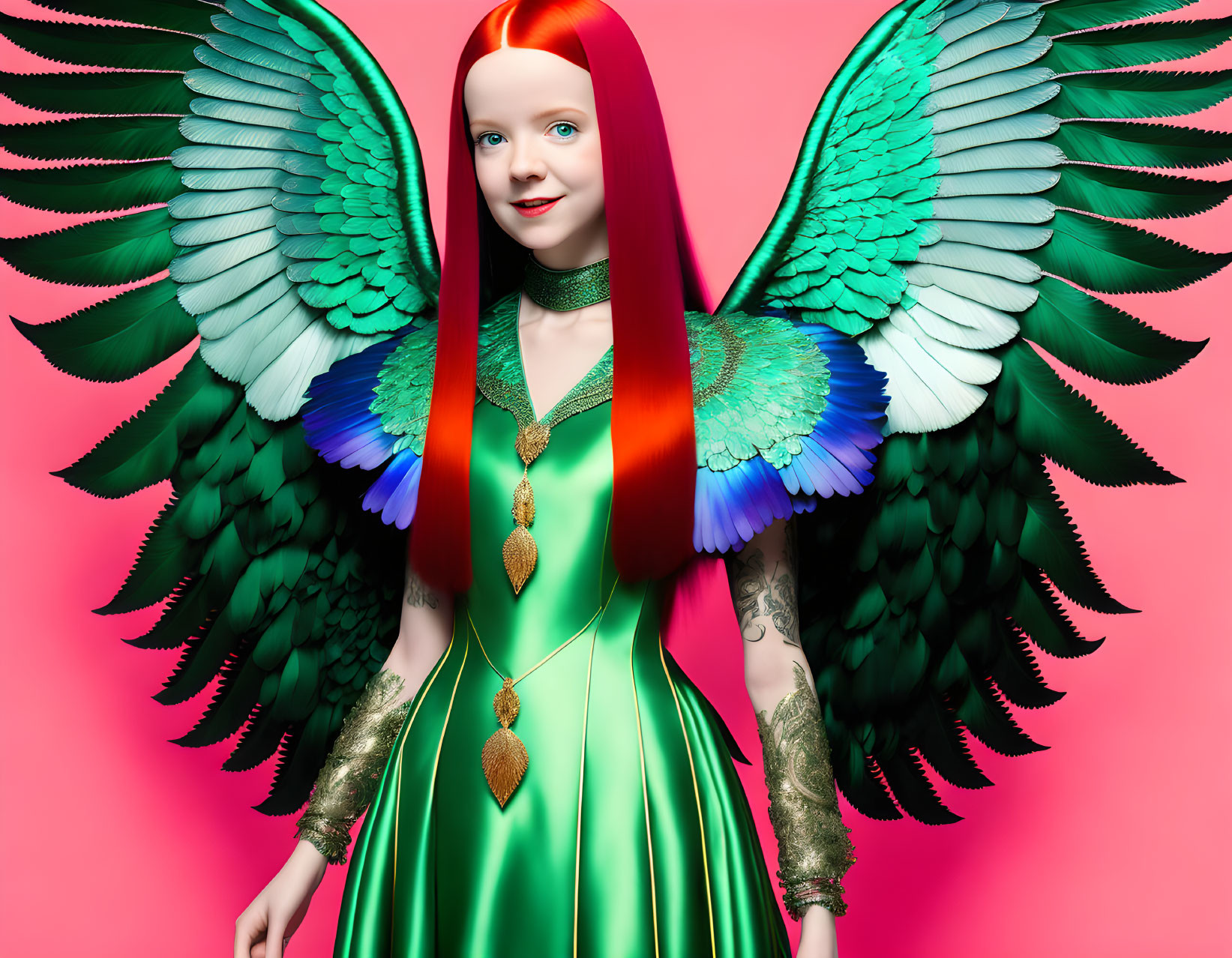 Vibrant surreal digital artwork of girl with turquoise and green wings on pink background