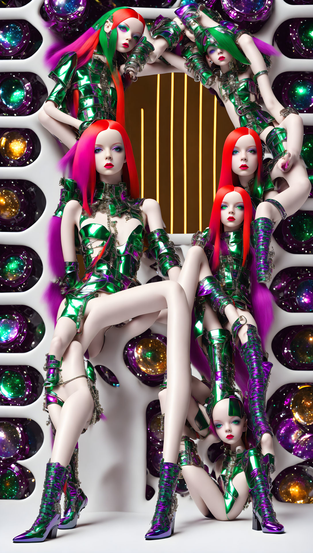 Symmetrical Futuristic Female Mannequins in Red Hair and Green Outfits