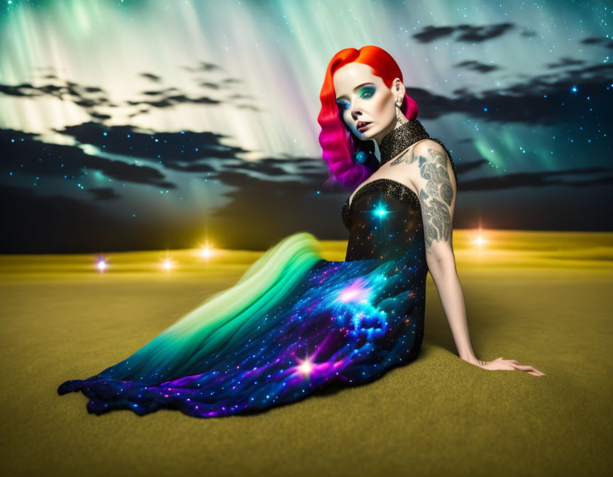 Woman with Cosmic Hair and Galaxy Dress on Sand Under Aurora Sky