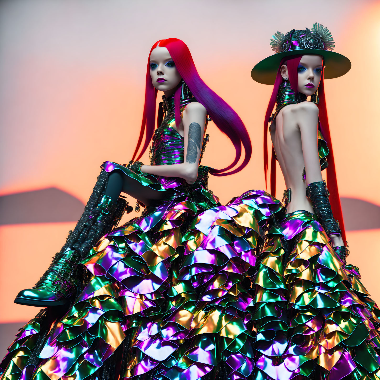 Avant-garde Mannequins in Iridescent Dresses on Geometric Pastel Background