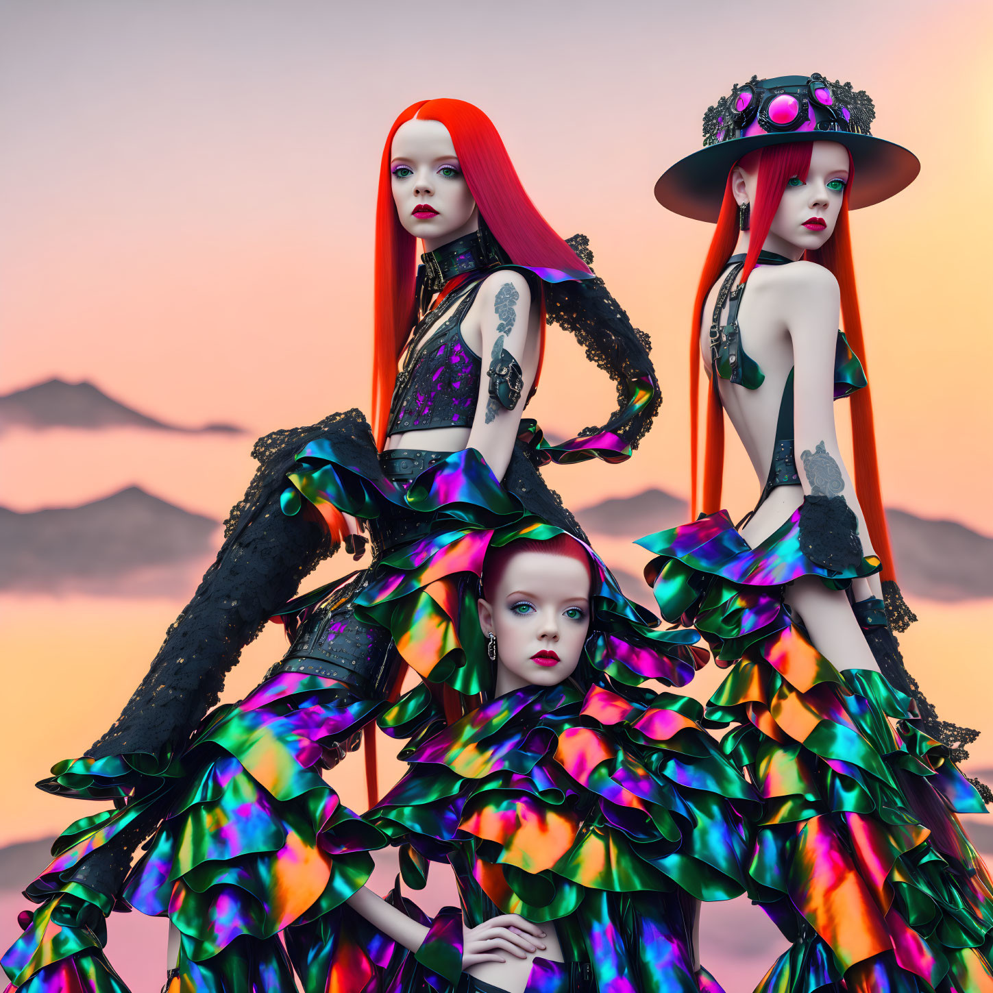 Avant-garde red-haired mannequins in stylish dresses at sunset.