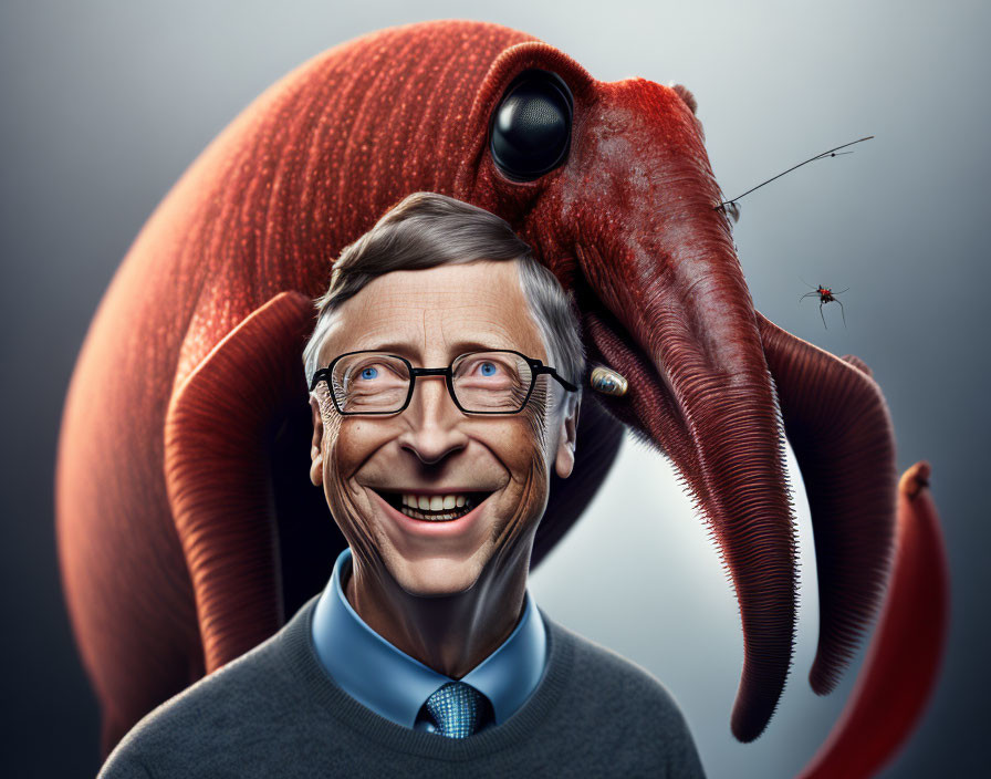 Smiling man's face with glasses merged with octopus body on grey background