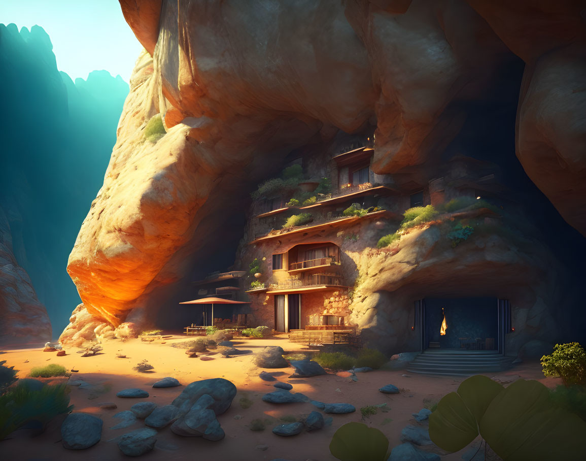 Multiple-level cave dwelling with wooden balconies in rocky landscape.