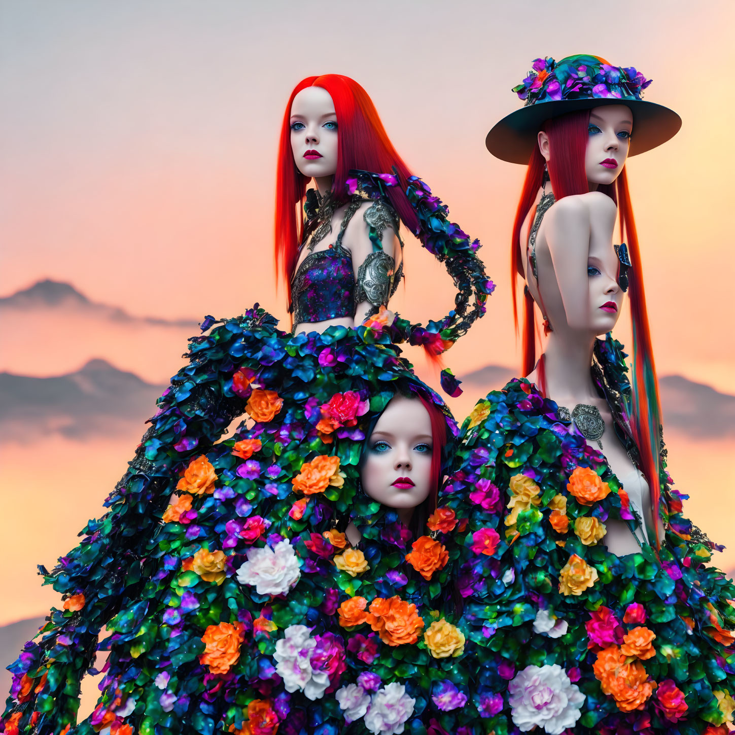 Mannequins with Red Hair in Floral Dresses at Sunset