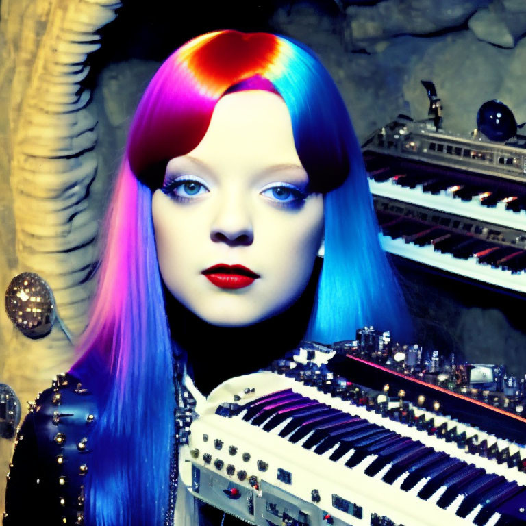 Rainbow-haired individual at synthesizers with moody artistic ambiance