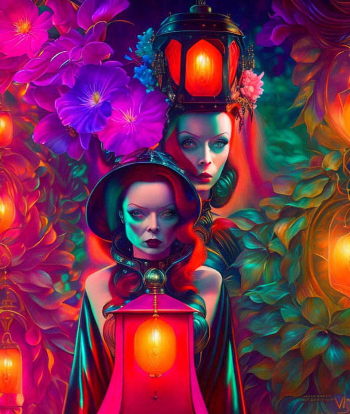 Colorful digital artwork of two female figures with lanterns in lush flora