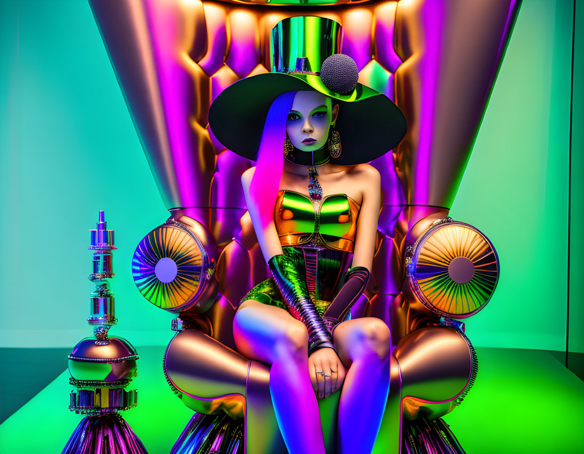 Colorful futuristic digital art of stylized female character in wide-brimmed hat.