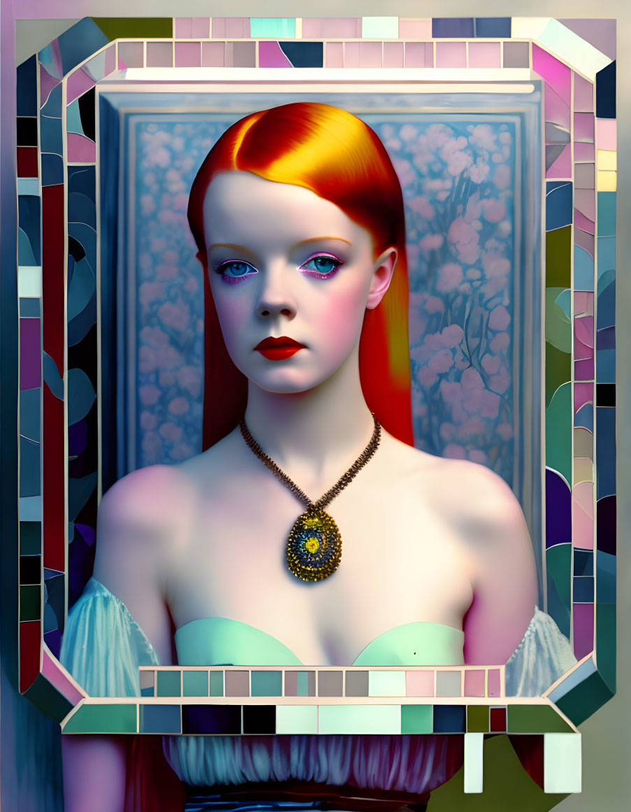 Vibrant woman portrait with red hair and blue eyes in ornate frame