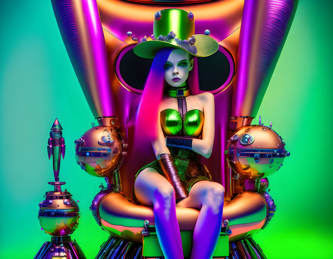 Futuristic female figure with purple hair and green skin in metallic costume on chrome chair with robots,