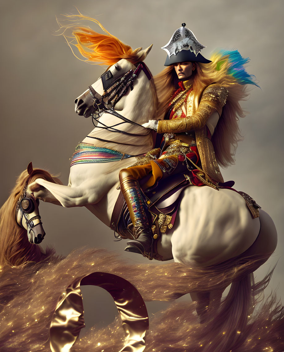 Elaborately adorned warrior on white horse against neutral backdrop