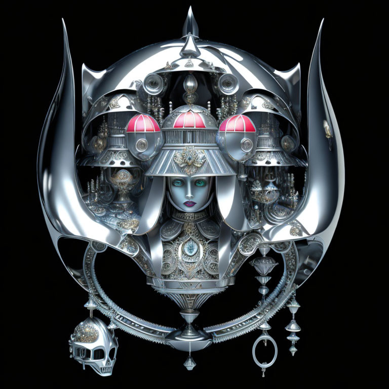 Silver futuristic helmet with intricate mechanical details framing a female face and green eyes, alongside a skull.