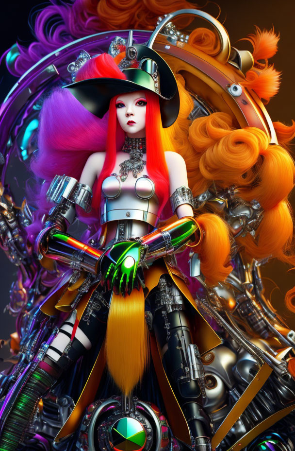 Colorful futuristic digital artwork of female character with multicolored hair and metallic outfit.