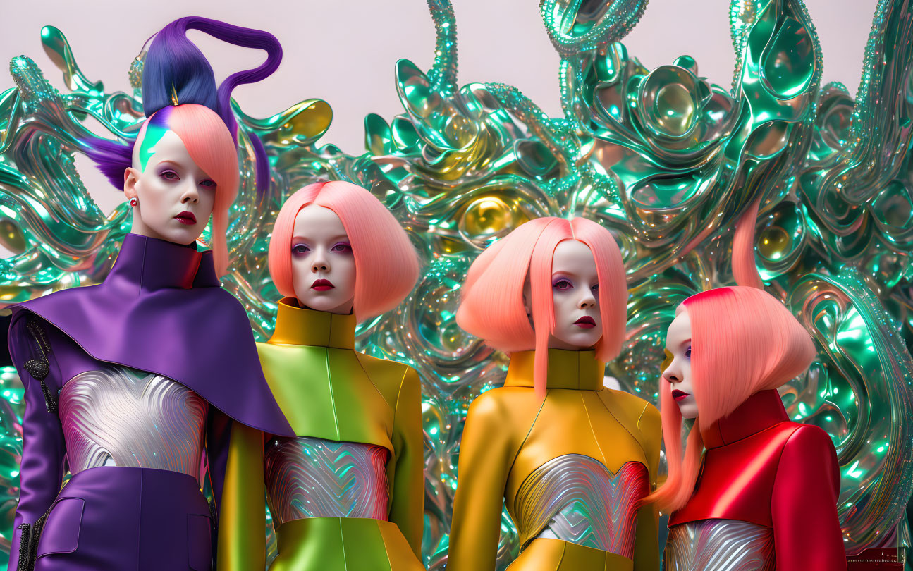 Avant-garde mannequins with sculptural hair and metallic outfits on chrome backdrop