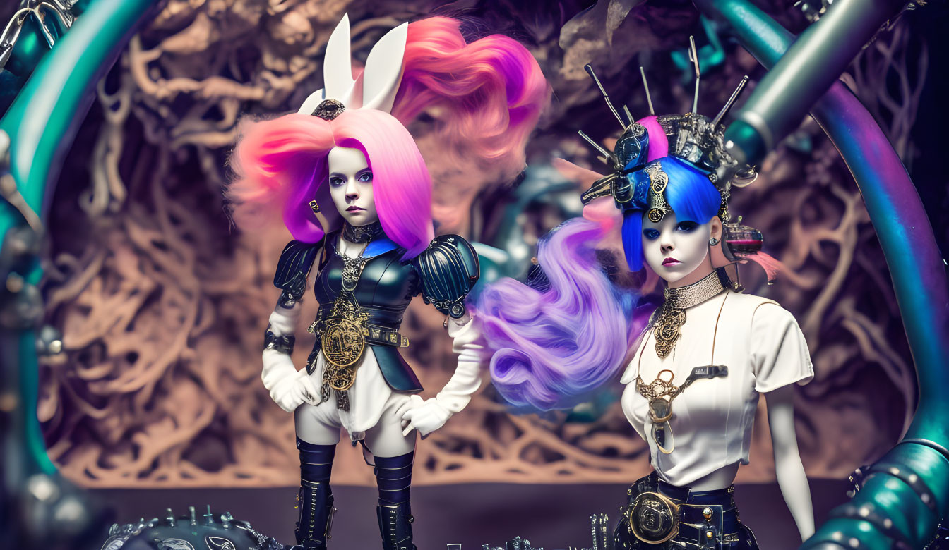 Vibrant hair dolls in steampunk outfits with rabbit ears on gear backdrop