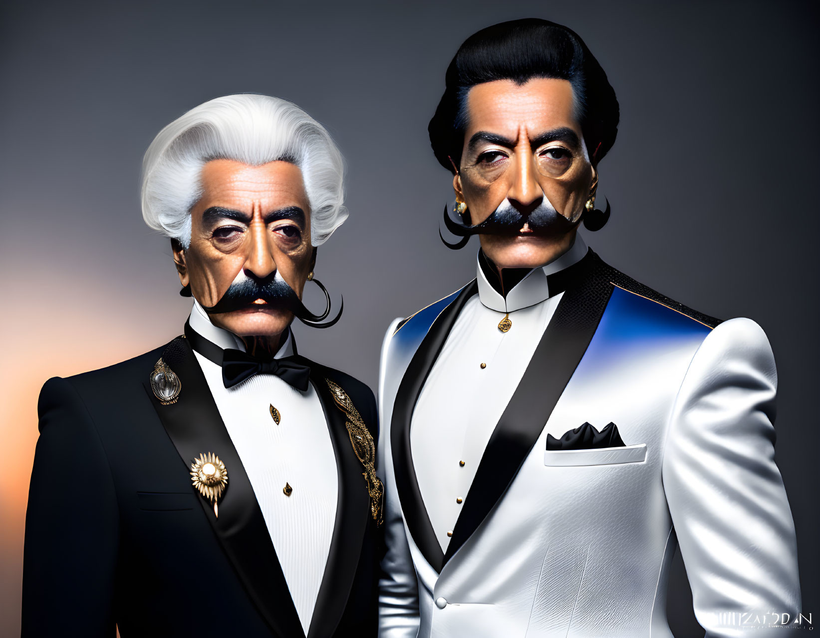 Stylized male figures in formal attire with exaggerated facial features on gradient background