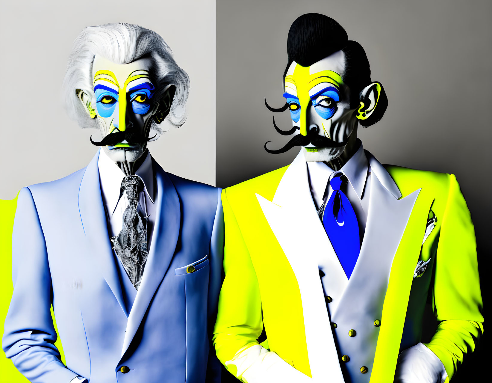 Surrealist characters with colorful faces and mustaches in sharp suits