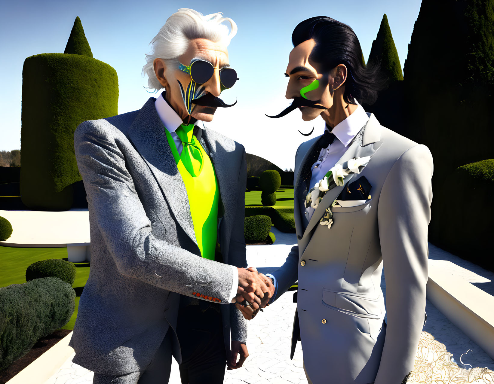 Stylish men in suits shaking hands outdoors