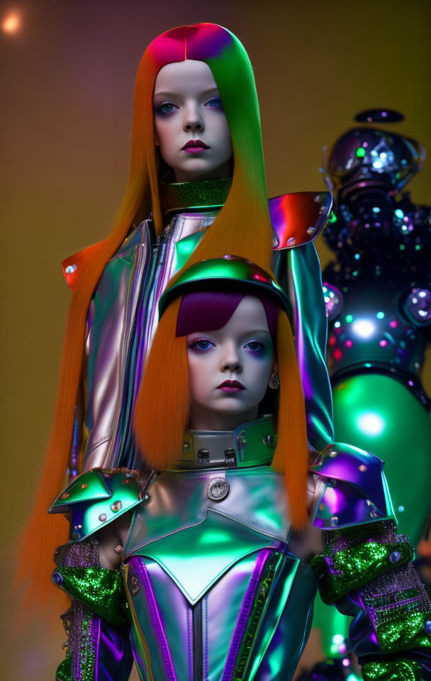 Vibrant futuristic portrait with multi-colored hair and metallic clothing