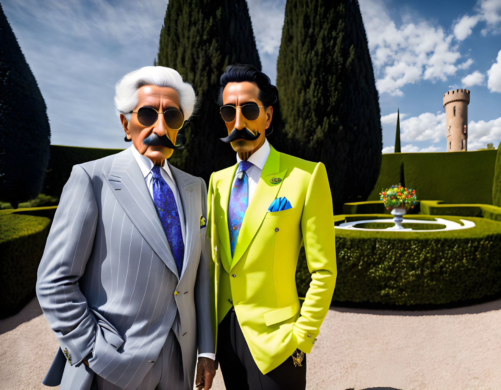 Colorful Suits: Two Stylish Men in Formal Garden