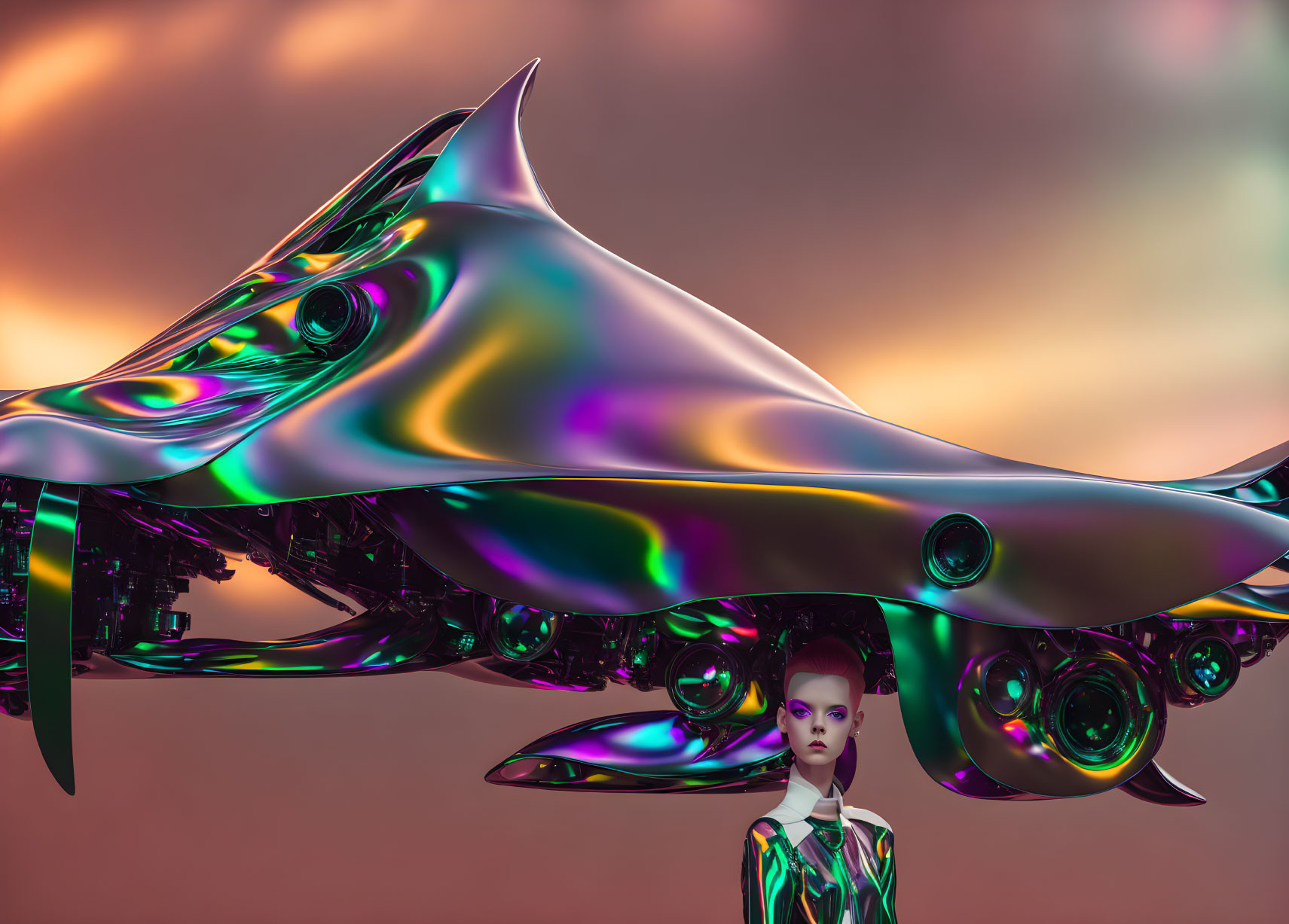 Futuristic image of woman in sleek spaceship structure