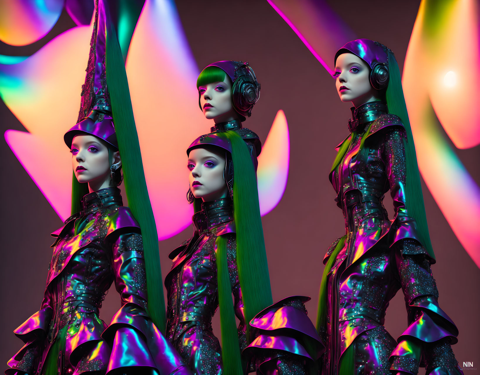 Abstract futuristic female figures in metallic outfits on colorful background