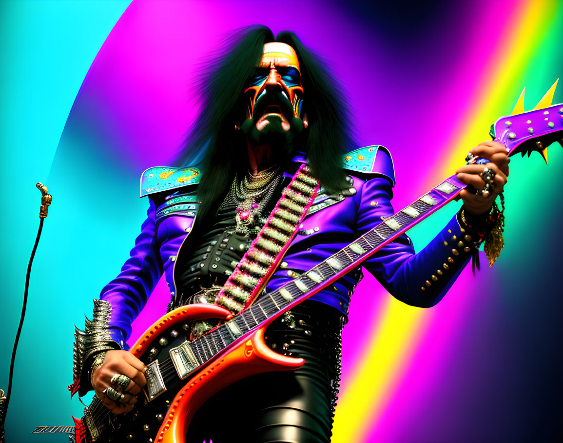 Colorful Rocker Playing Double-Neck Guitar in Psychedelic Scene