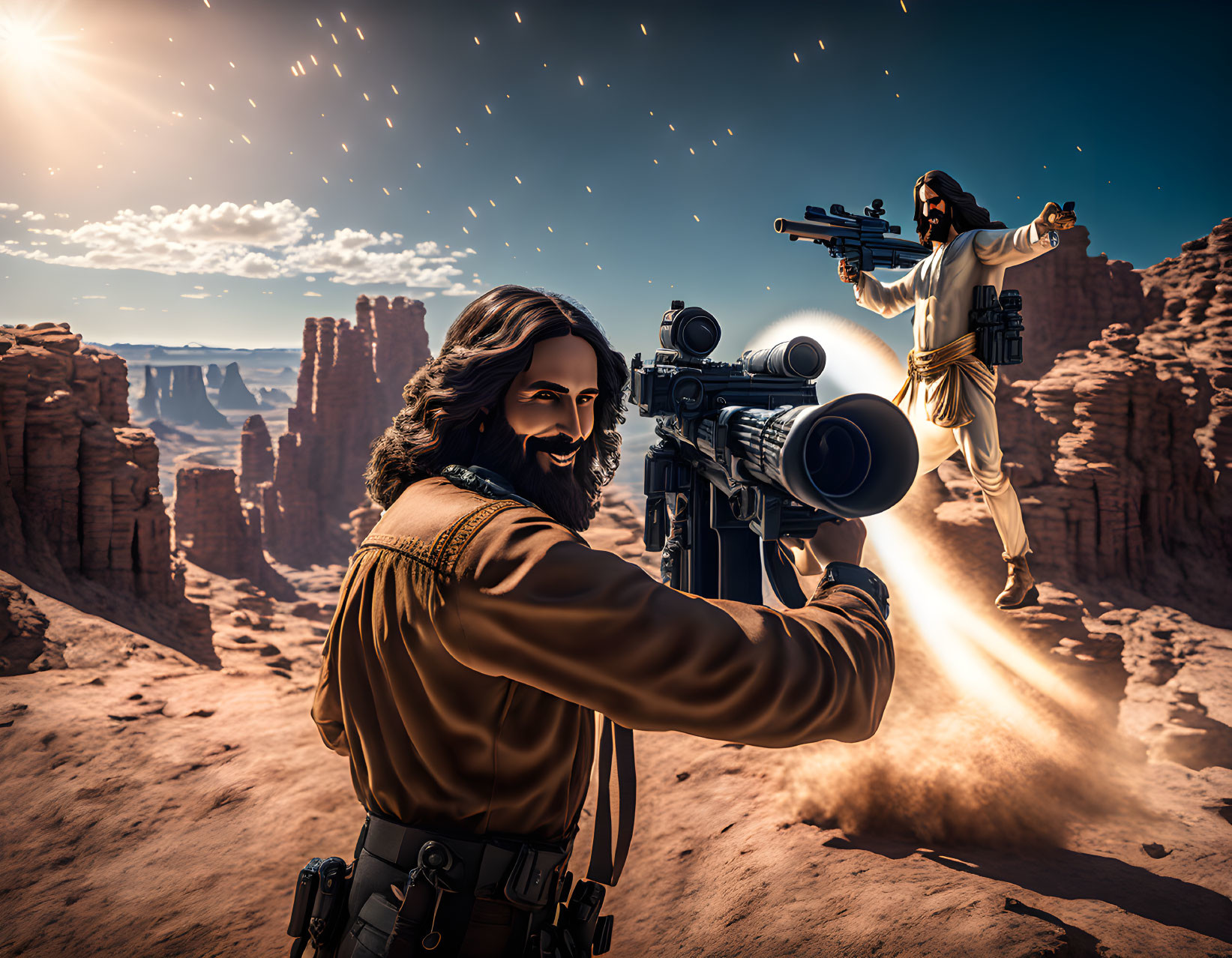 Stylized figures with modern weaponry in dramatic desert scene