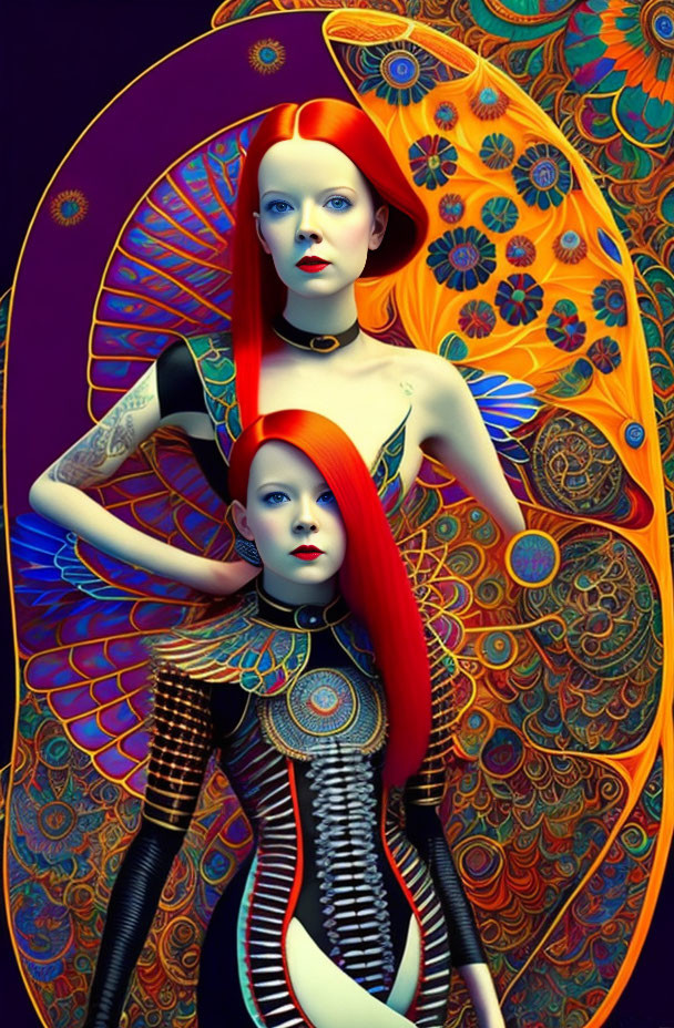 Stylized women with red hair in futuristic outfits on colorful background