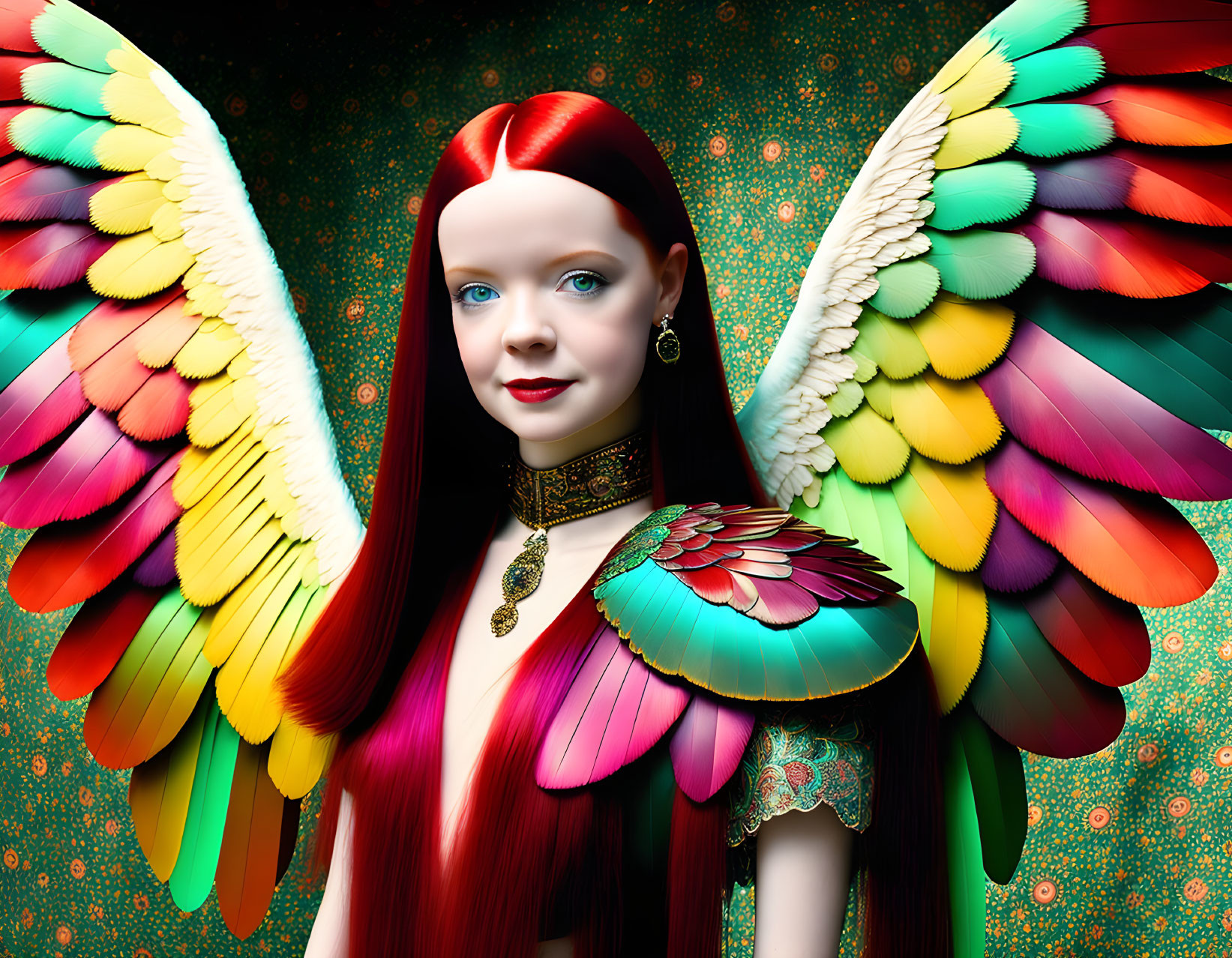 Colorful Fantasy Illustration of Female Figure with Parrot Wings & Intricate Jewelry