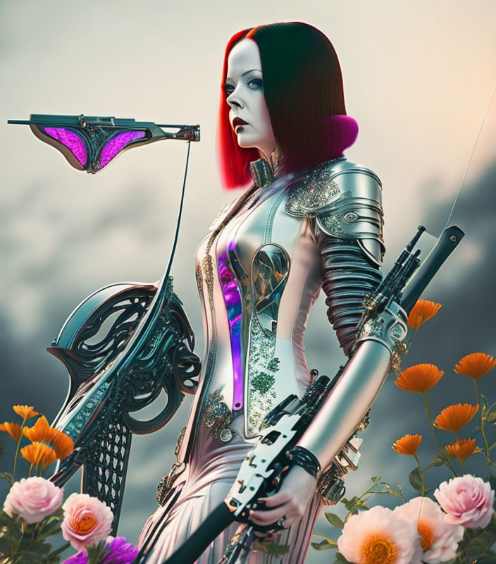Futuristic female archer in red hair and silver robotic armor among flowers
