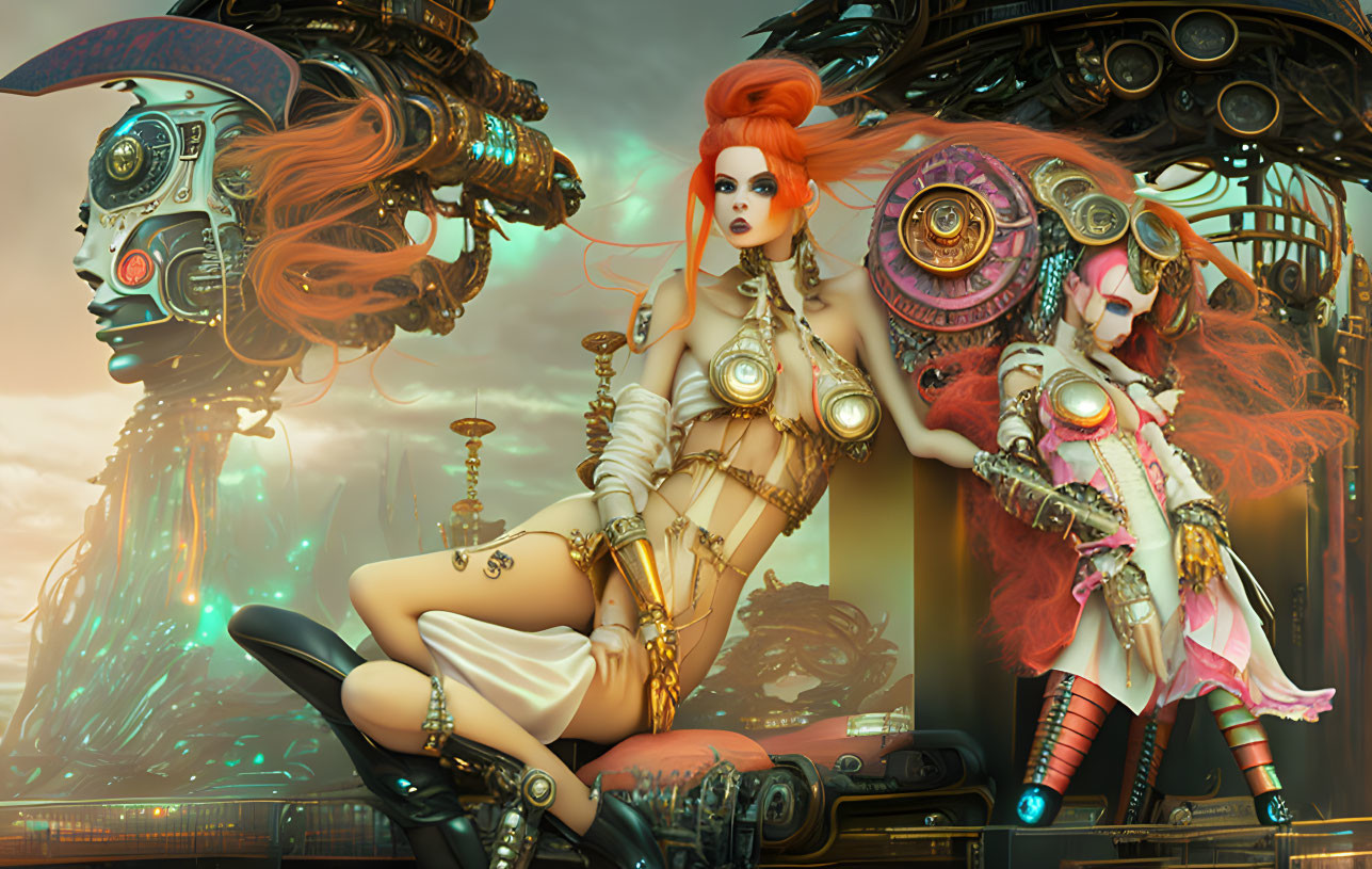 Two female steampunk-style cyborgs with mechanical limbs in an industrial setting.