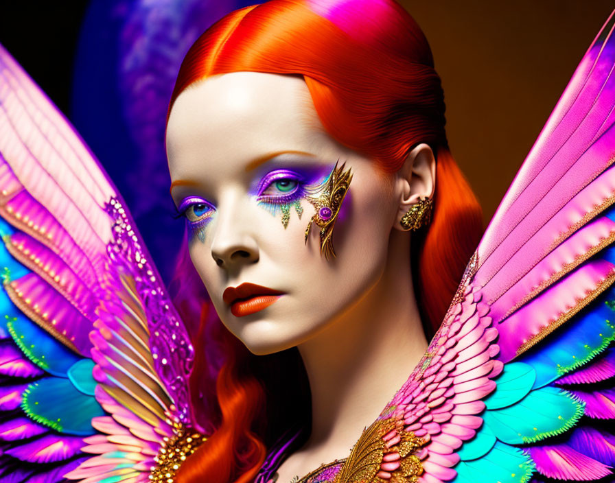 Colorful portrait of a woman with red hair and butterfly wings