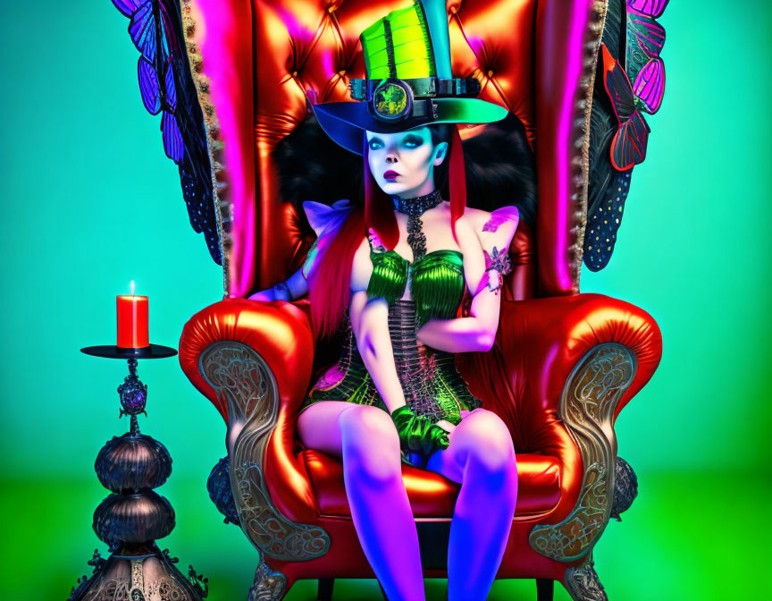 Colorful Woman in Whimsical Attire on Red Throne