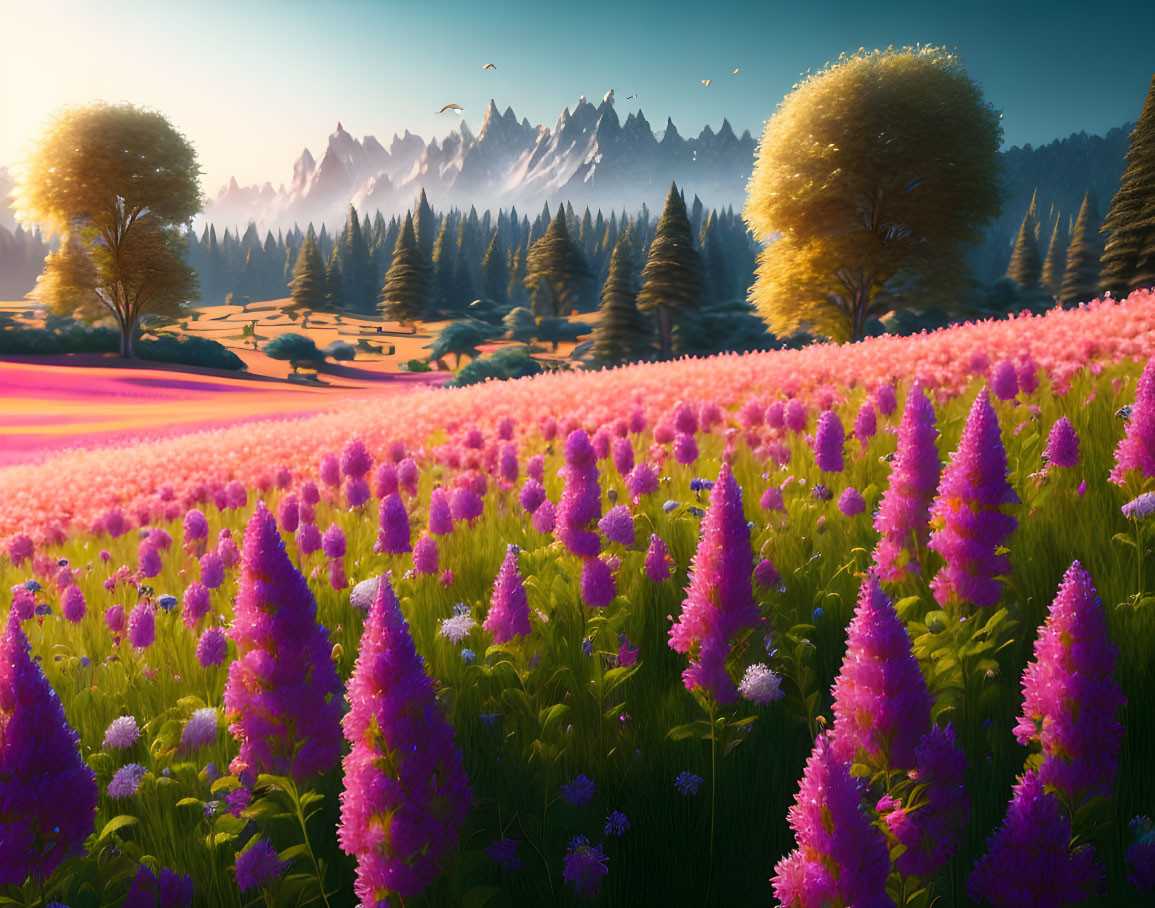 Colorful landscape with purple flowers, sunlit trees, mountains, and blue sky