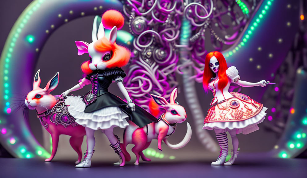 Fantasy figures in gothic Alice in Wonderland setting with cyborg rabbits