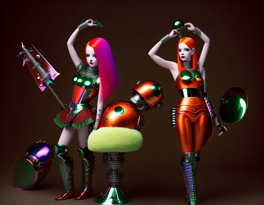 Futuristic female robots with red hair in dynamic poses on brown background