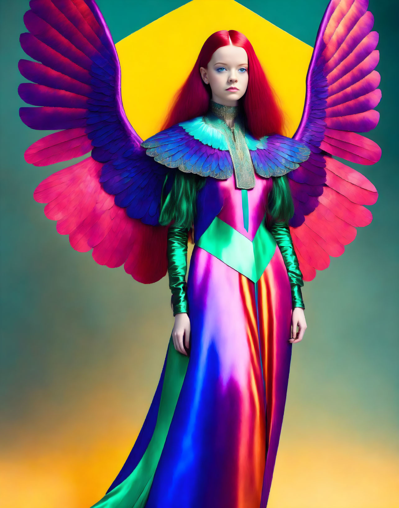 Red-haired model in colorful winged outfit against geometric background