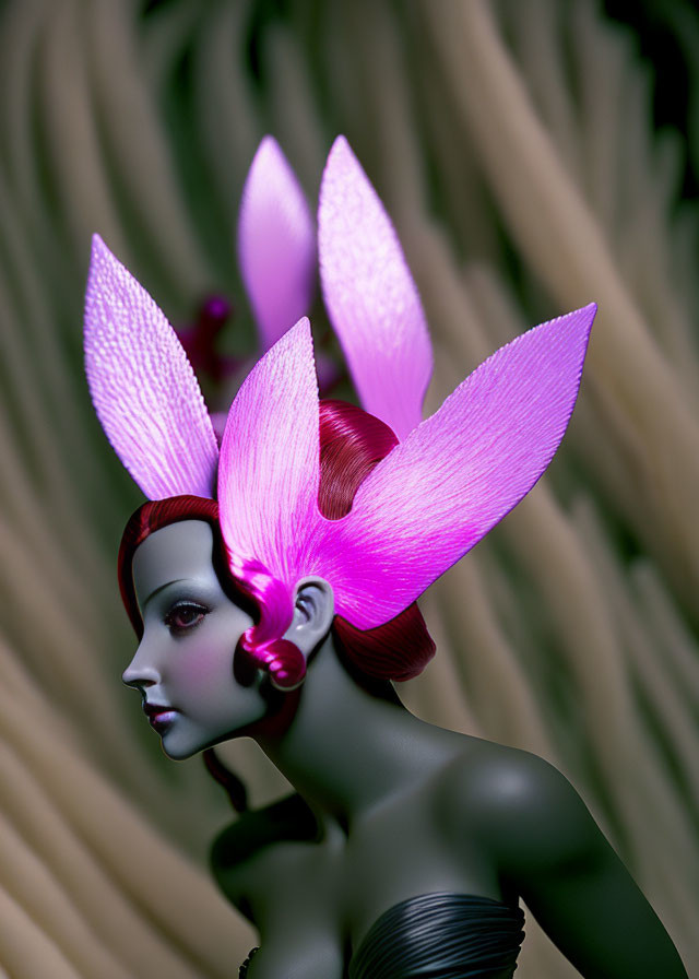 Female figure with pink orchid hair decoration on green background