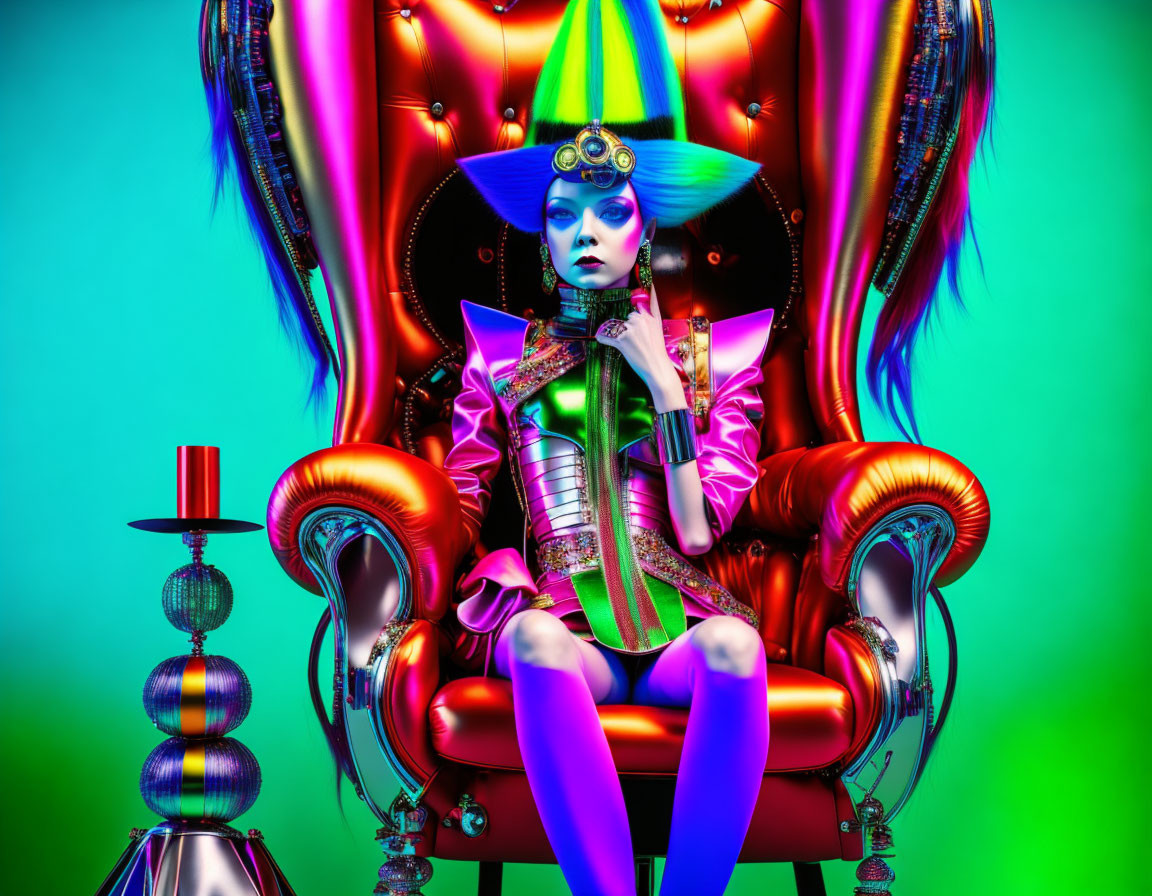 Colorful portrait of person in bold makeup and avant-garde fashion on red armchair.