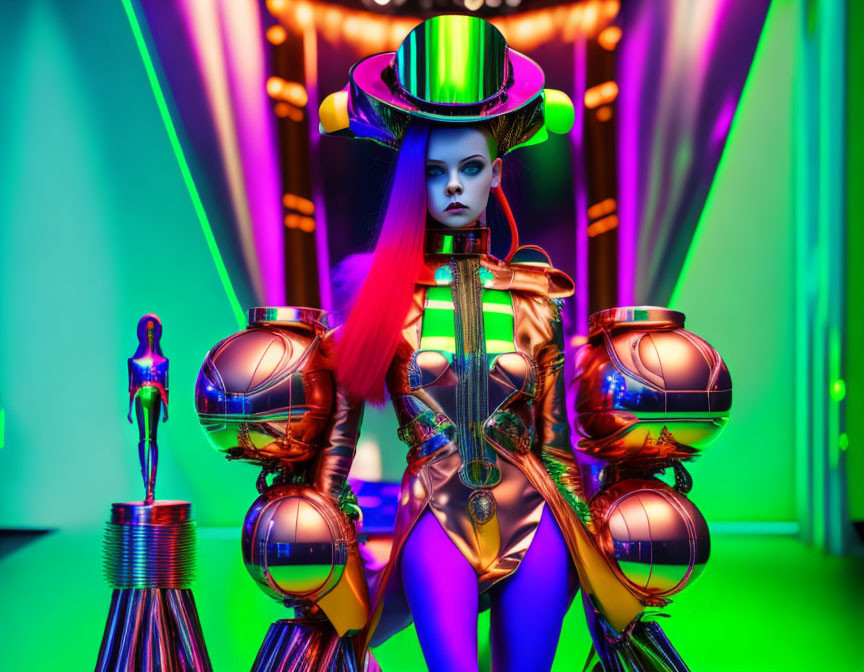 Colorful futuristic female figure in metallic sci-fi costume with bold hat in neon-lit corridor