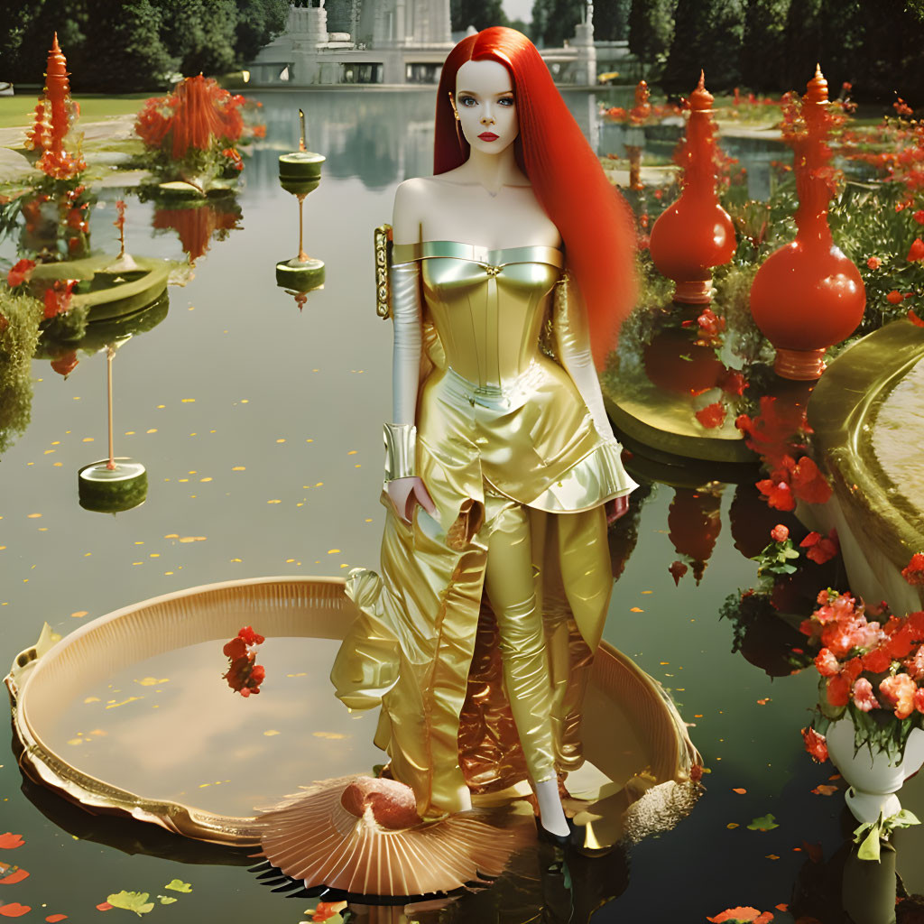 Red-haired woman in golden dress on shell platform in surreal water garden