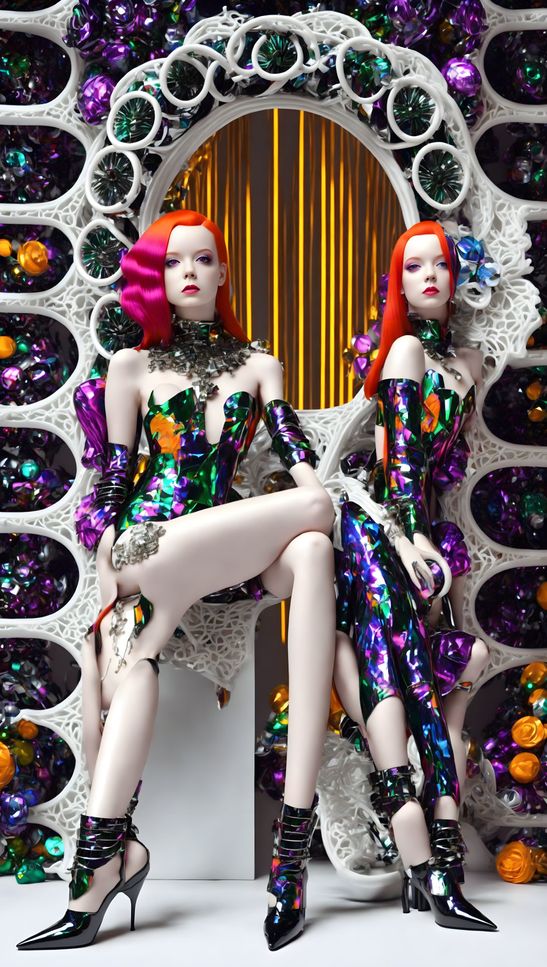 Mannequins with Pink and Red Hair in Colorful Outfits by Oval Mirror