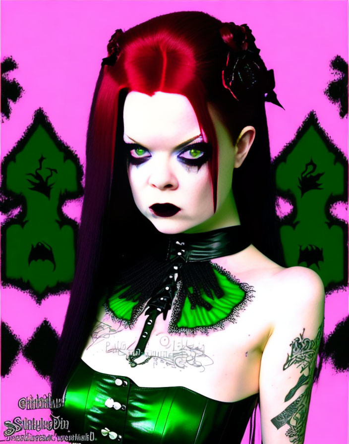 Striking red and black hair person in green corset on purple background