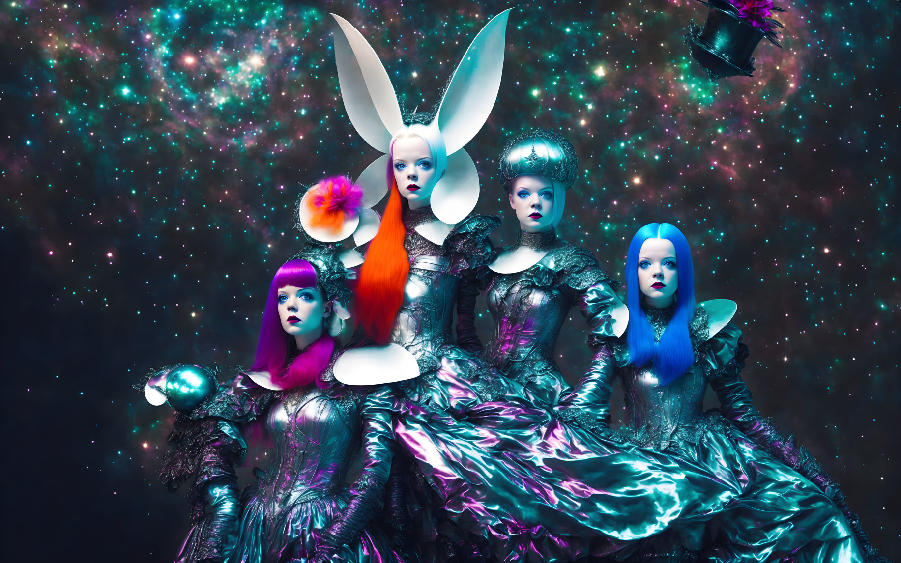 Avant-garde metallic dresses and colorful wigs on models against cosmic backdrop
