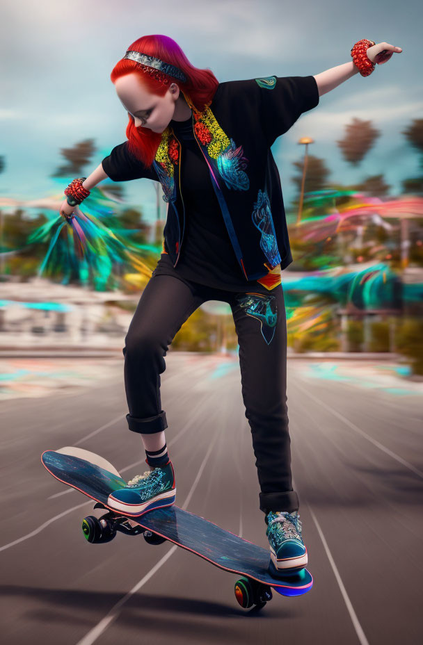 Red-Haired Youth Skateboarding in Urban Setting